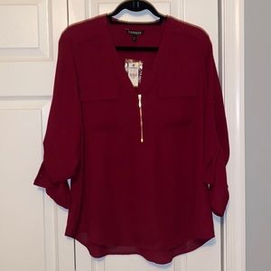 Express Burgundy Chiffon Shirt with Gold Zipper